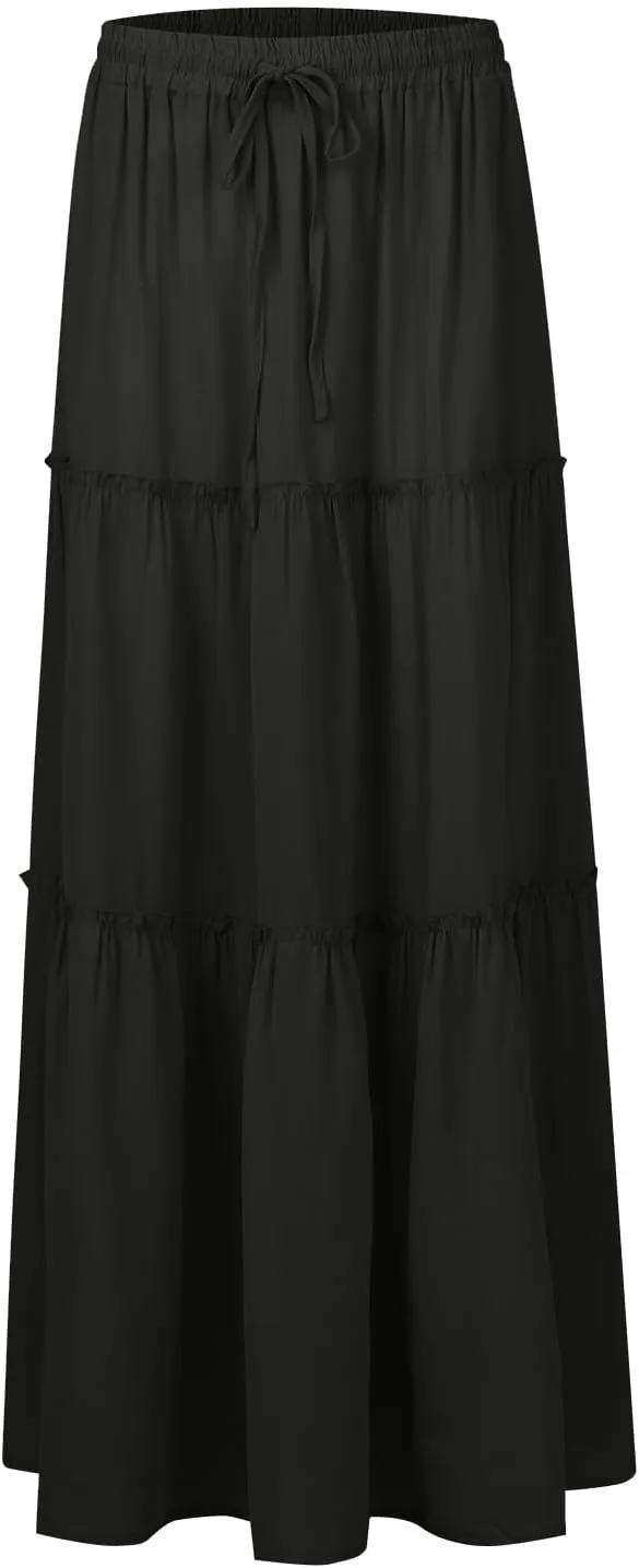 Boho Skirts for Women Pleated Ruffle Flowy Skirt Women's Summer Long Maxi Bohemian High Waist A Line Skirt with Pockets