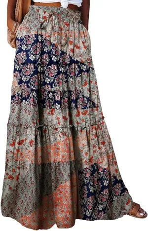 Boho Skirts for Women Pleated Ruffle Flowy Skirt Women's Summer Long Maxi Bohemian High Waist A Line Skirt with Pockets