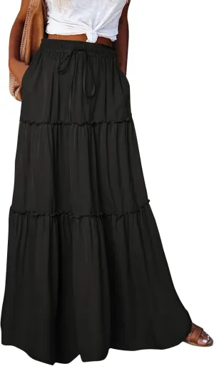 Boho Skirts for Women Pleated Ruffle Flowy Skirt Women's Summer Long Maxi Bohemian High Waist A Line Skirt with Pockets