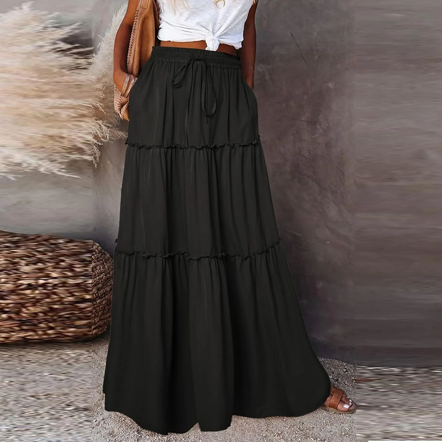 Boho Skirts for Women Pleated Ruffle Flowy Skirt Women's Summer Long Maxi Bohemian High Waist A Line Skirt with Pockets