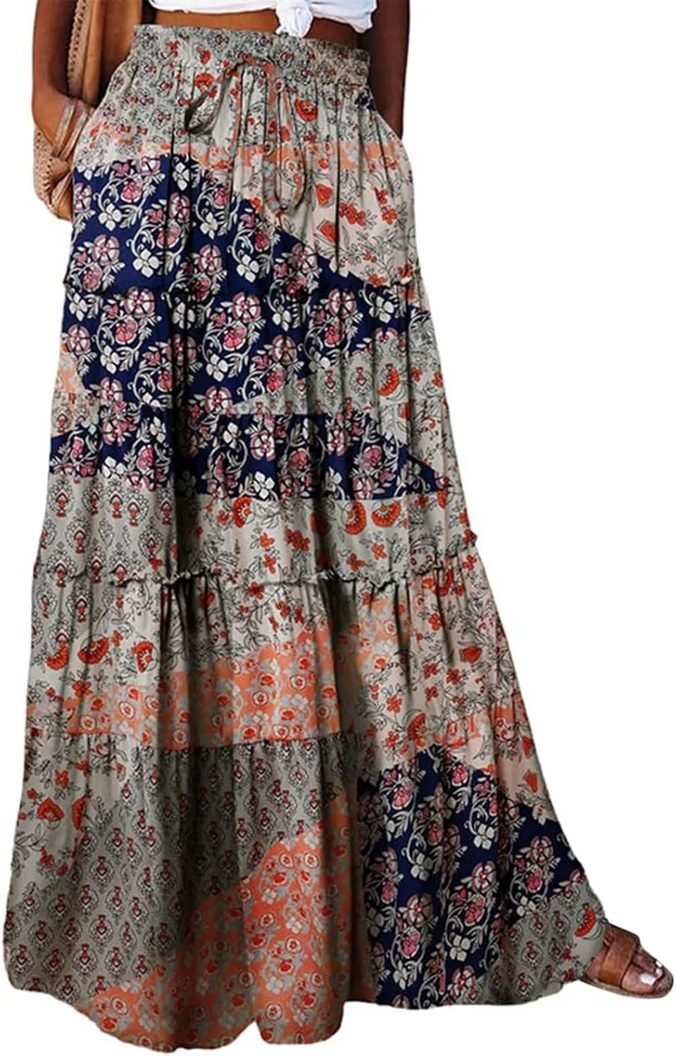 Boho Skirts for Women Pleated Ruffle Flowy Skirt Women's Summer Long Maxi Bohemian High Waist A Line Skirt with Pockets