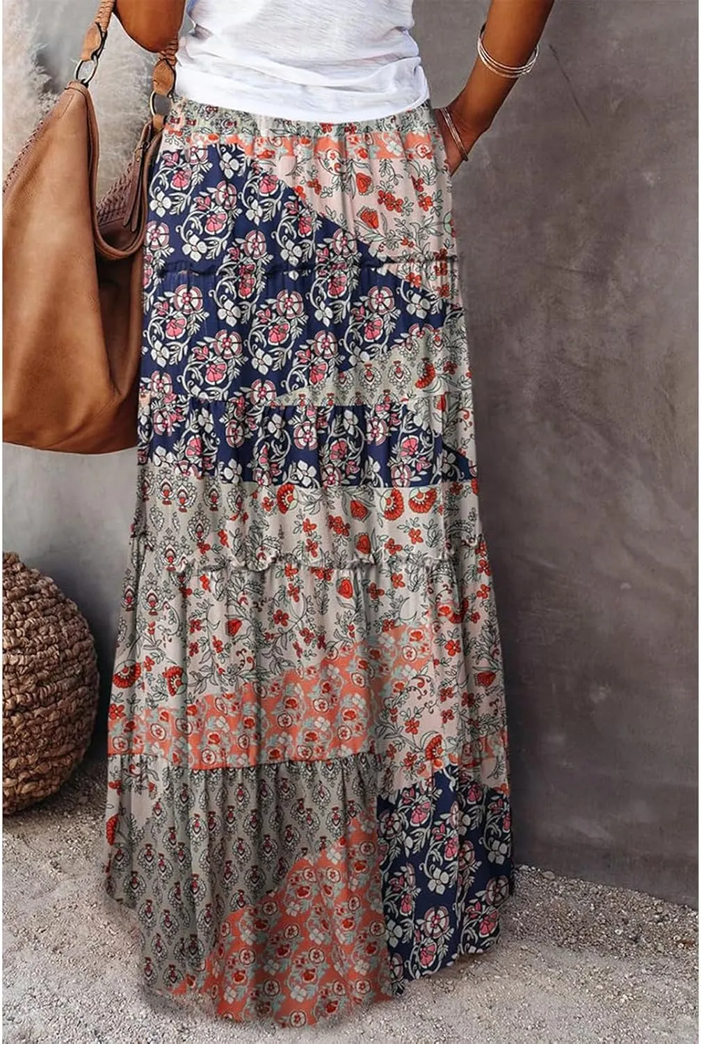 Boho Skirts for Women Pleated Ruffle Flowy Skirt Women's Summer Long Maxi Bohemian High Waist A Line Skirt with Pockets