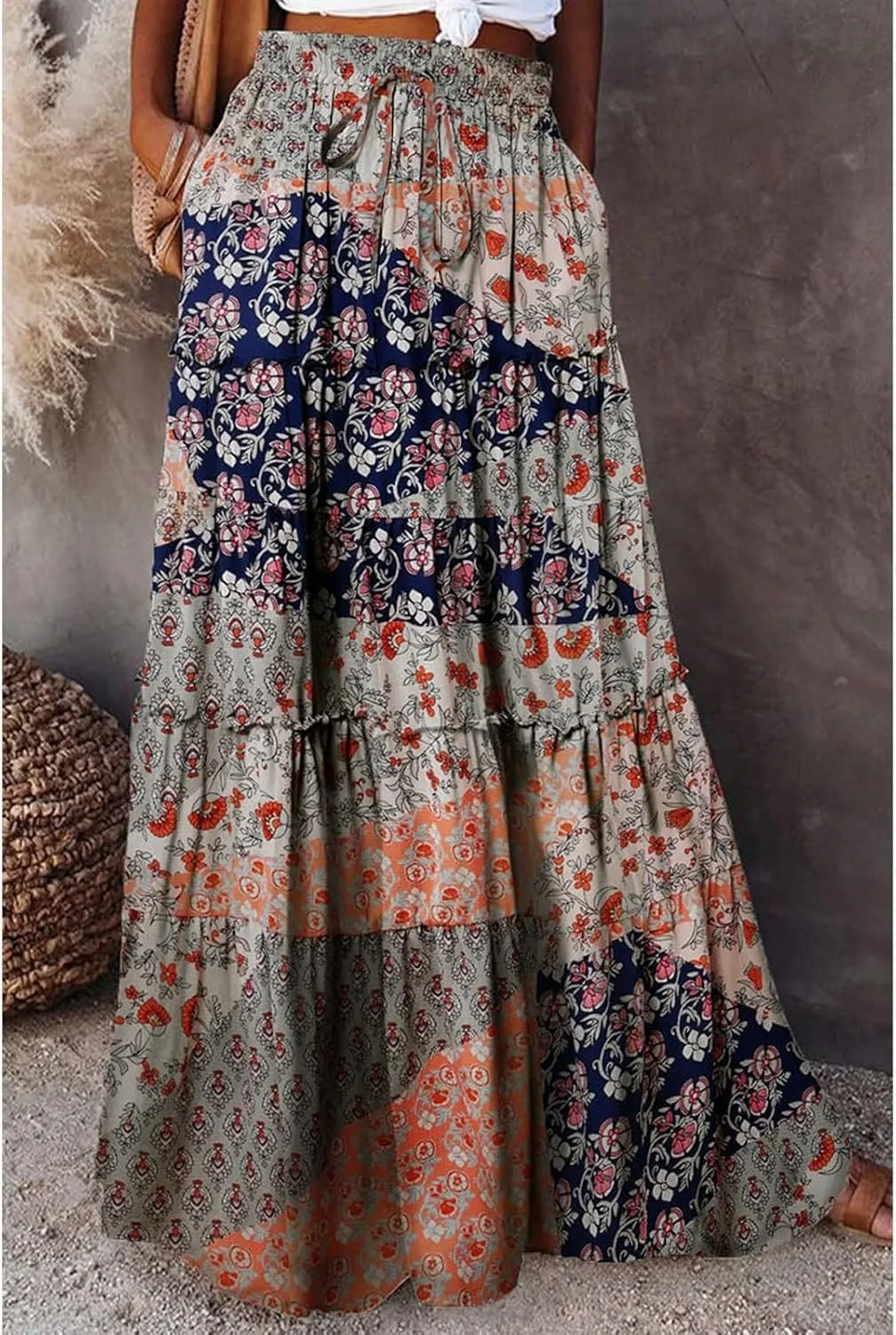 Boho Skirts for Women Pleated Ruffle Flowy Skirt Women's Summer Long Maxi Bohemian High Waist A Line Skirt with Pockets