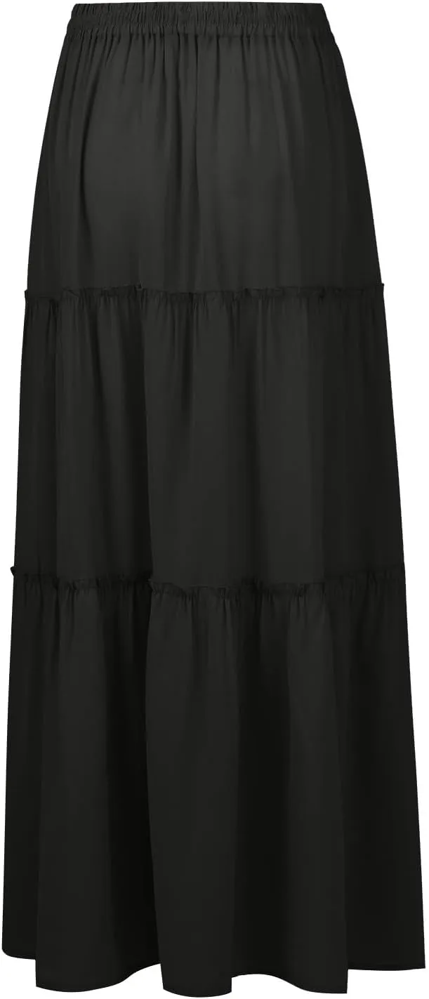 Boho Skirts for Women Pleated Ruffle Flowy Skirt Women's Summer Long Maxi Bohemian High Waist A Line Skirt with Pockets