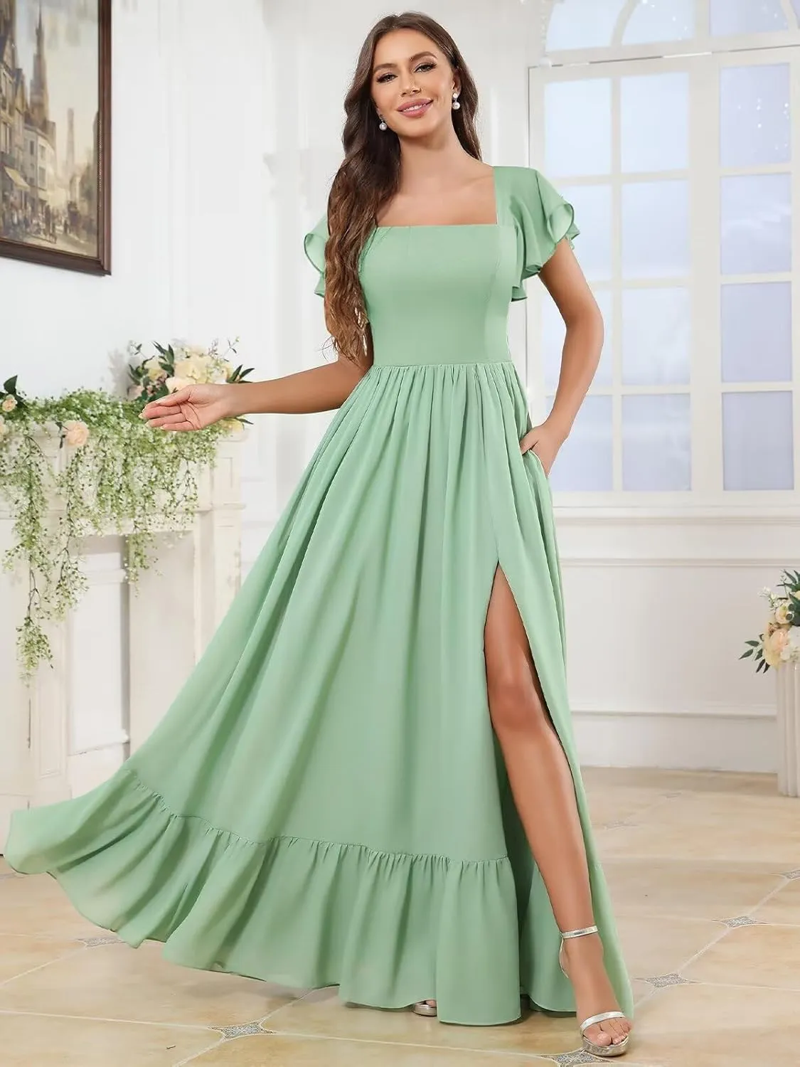 Bridesmaid Dresses with Sleeves for Women Square Neck Chiffon Ruffled Formal Party Dress with Slit