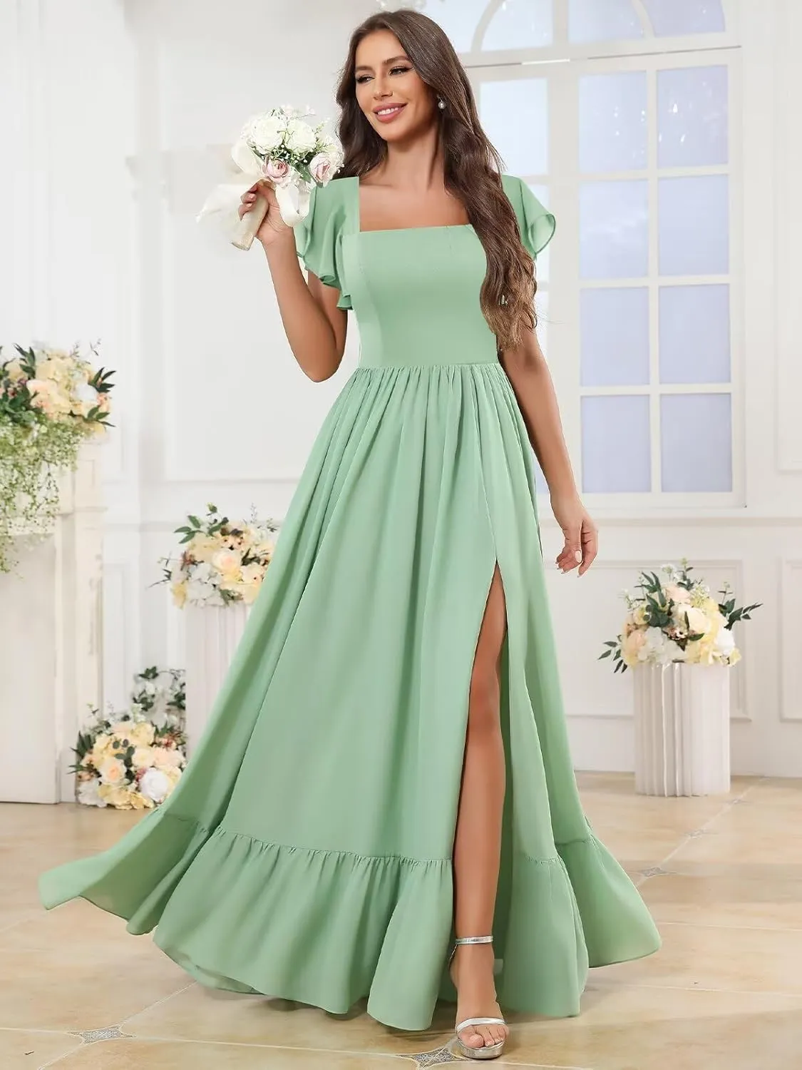Bridesmaid Dresses with Sleeves for Women Square Neck Chiffon Ruffled Formal Party Dress with Slit
