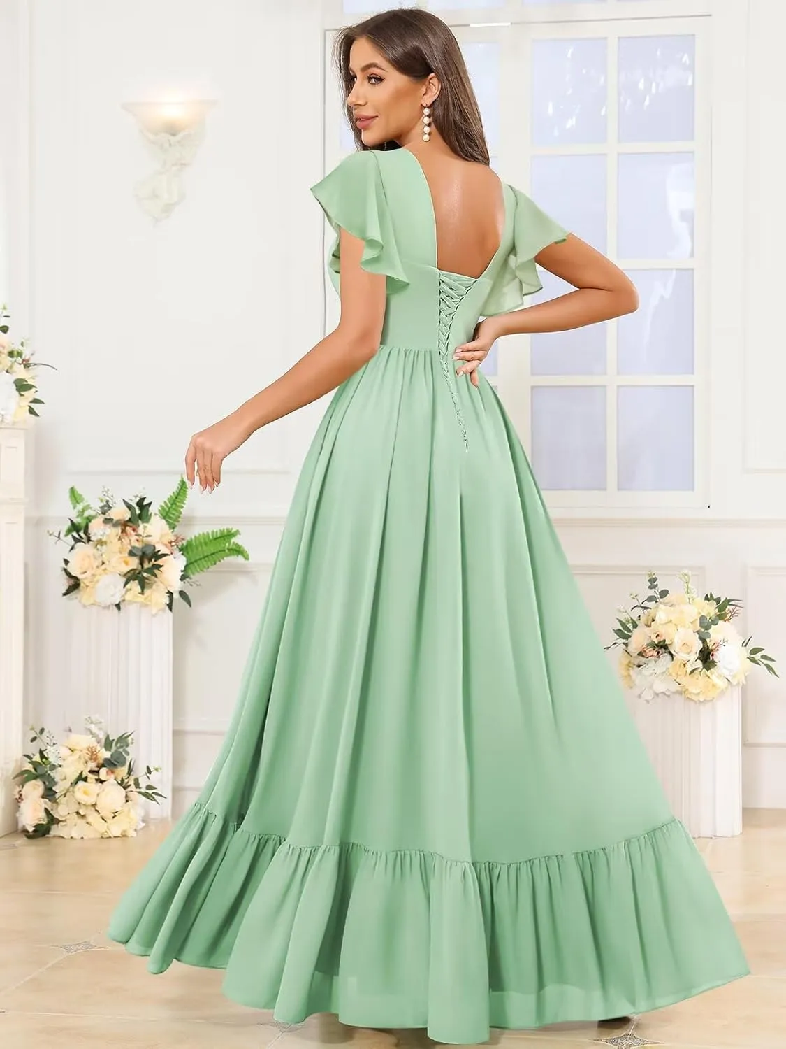 Bridesmaid Dresses with Sleeves for Women Square Neck Chiffon Ruffled Formal Party Dress with Slit