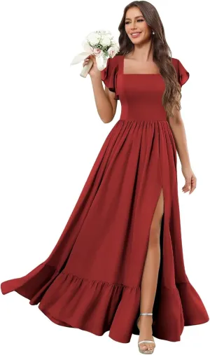 Bridesmaid Dresses with Sleeves for Women Square Neck Chiffon Ruffled Formal Party Dress with Slit