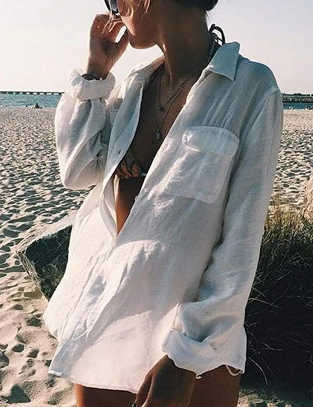 Bsubseach Women Long Sleeve Beach Shirt Blouses Bathing Suit Cover Up Button Down Collar