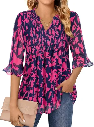 Bulotus Womens 3/4 Sleeve Ruffle Chiffon Blouses Dressy Casual V Neck Tops