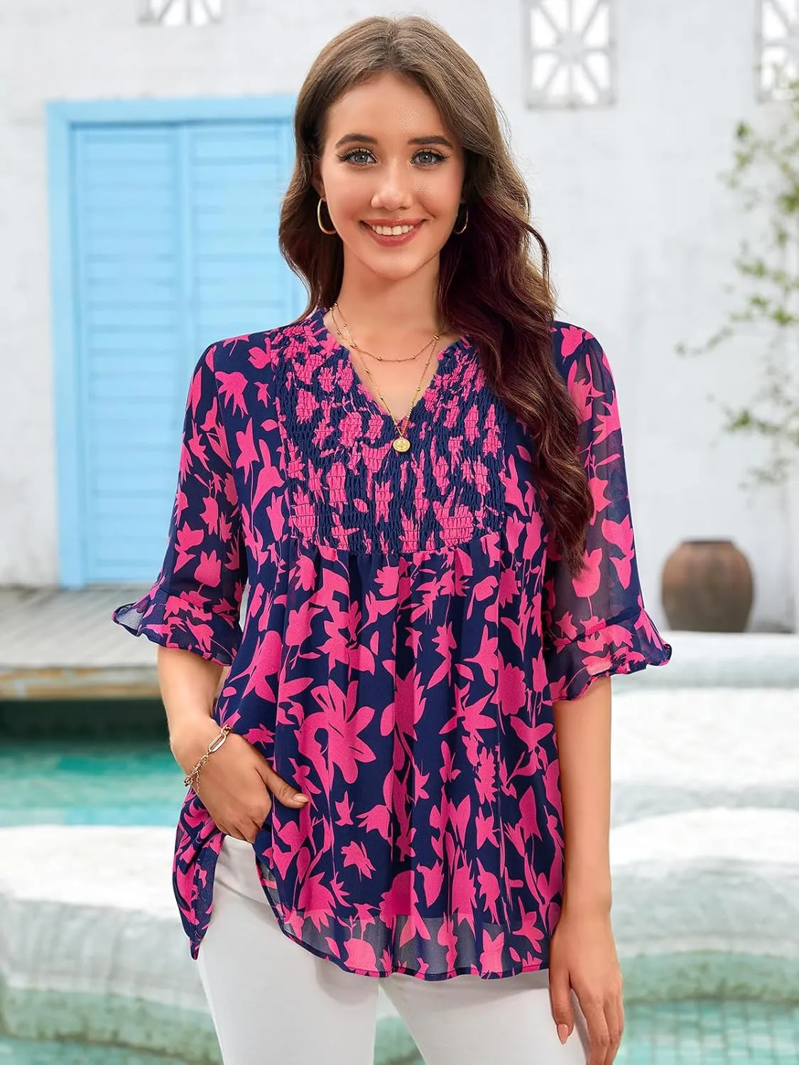 Bulotus Womens 3/4 Sleeve Ruffle Chiffon Blouses Dressy Casual V Neck Tops