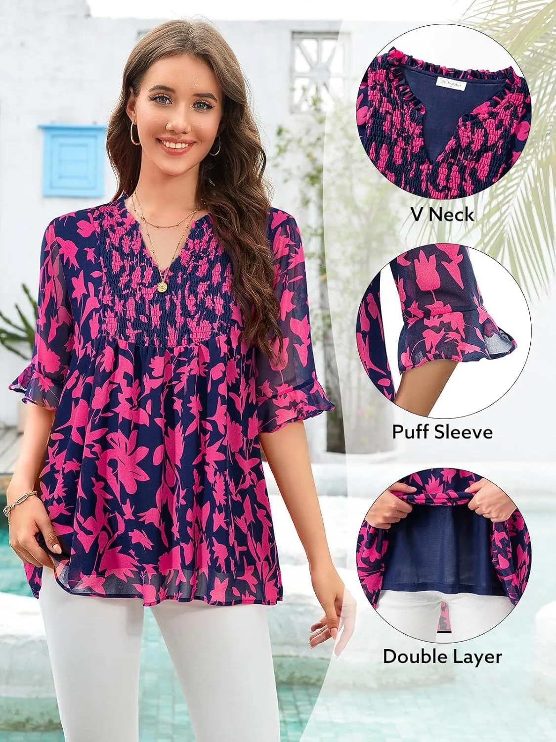 Bulotus Womens 3/4 Sleeve Ruffle Chiffon Blouses Dressy Casual V Neck Tops