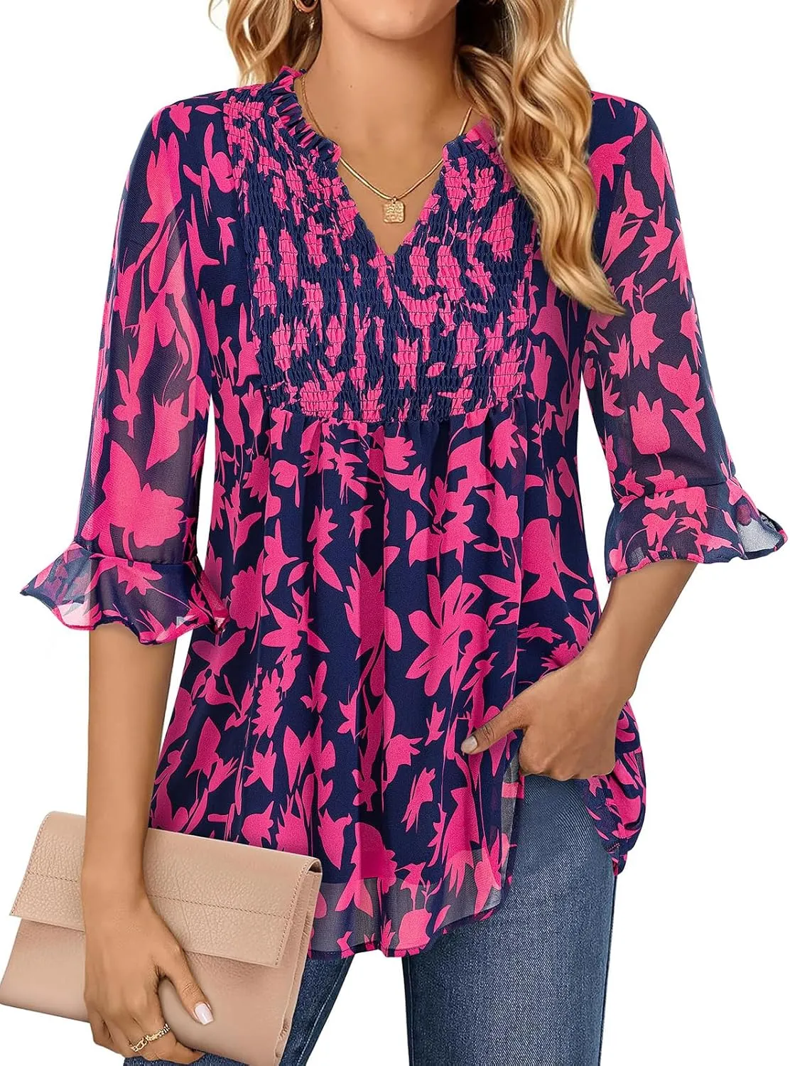 Bulotus Womens 3/4 Sleeve Ruffle Chiffon Blouses Dressy Casual V Neck Tops