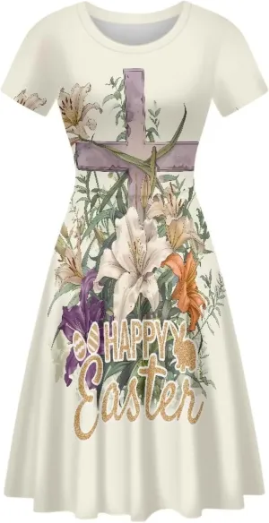 Buybai Summer Dresses for Women Crewneck Party Midi Dress Casual Short Sleeve Vacation Dresses