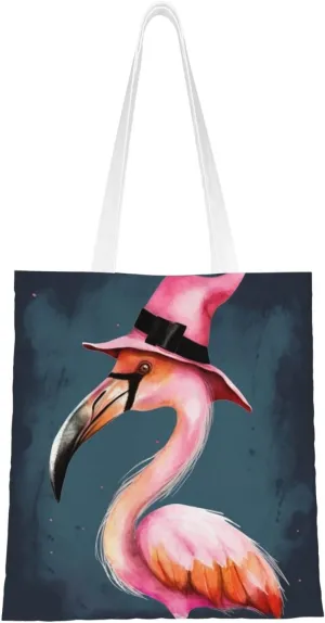 Canvas Tote Bag Aesthetic for Women Halloween Flamingo Witch Hat Shopping Bags Large Tote Shoulder Bag Reusable Grocery Bags Hobo Bags Casual Handbags Cute Cloth Bags Birthday Gifts