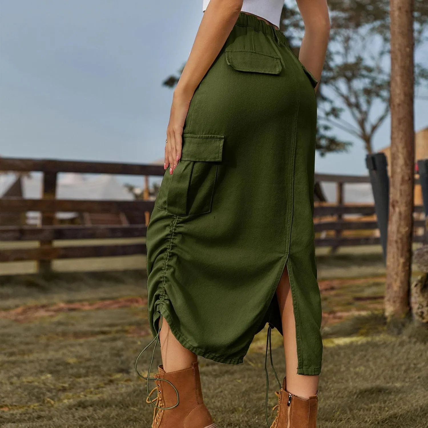 Cargo Maxi Skirt for Women High Waist Drawstring Utility Long Skirt with Pockets Streetwear Trendy
