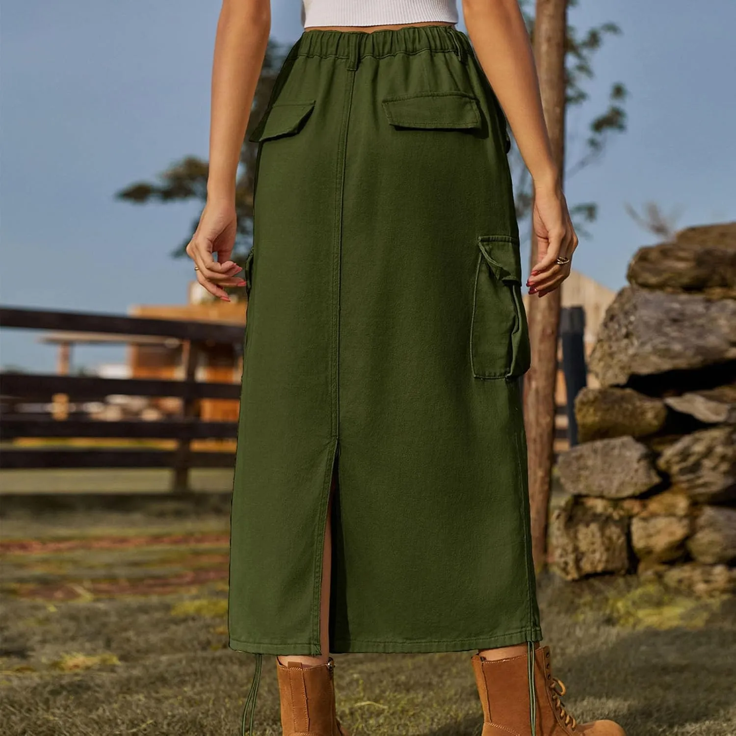 Cargo Maxi Skirt for Women High Waist Drawstring Utility Long Skirt with Pockets Streetwear Trendy