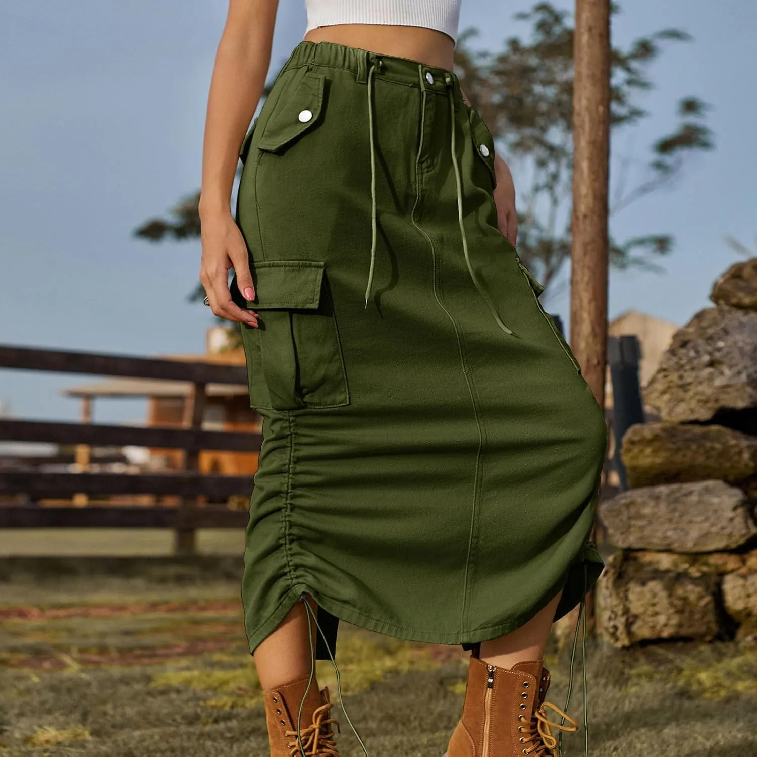 Cargo Maxi Skirt for Women High Waist Drawstring Utility Long Skirt with Pockets Streetwear Trendy