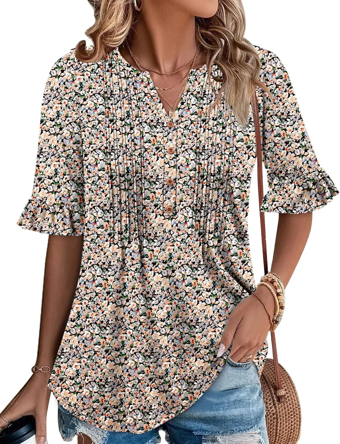 CHICZONE Womens 3/4 Length Bell Sleeve Tops Loose Summer Tunic Shirts Dressy Casual Blouses
