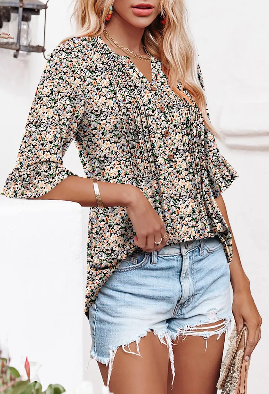 CHICZONE Womens 3/4 Length Bell Sleeve Tops Loose Summer Tunic Shirts Dressy Casual Blouses
