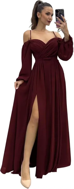 Chiffon Bridesmaid Dresses for Women 2024 Long Slit Off Shoulder A Line Formal Evening Gown
