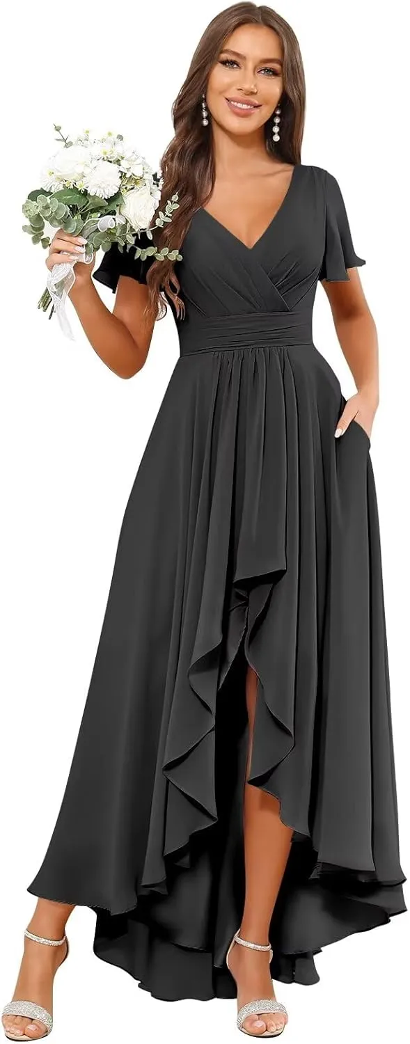 Chiffon Bridesmaid Dresses for Women Long V Neck Ruffle Ruched High Low Formal Evening Gown with Pockets