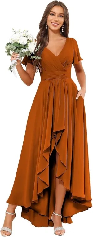 Chiffon Bridesmaid Dresses for Women Long V Neck Ruffle Ruched High Low Formal Evening Gown with Pockets