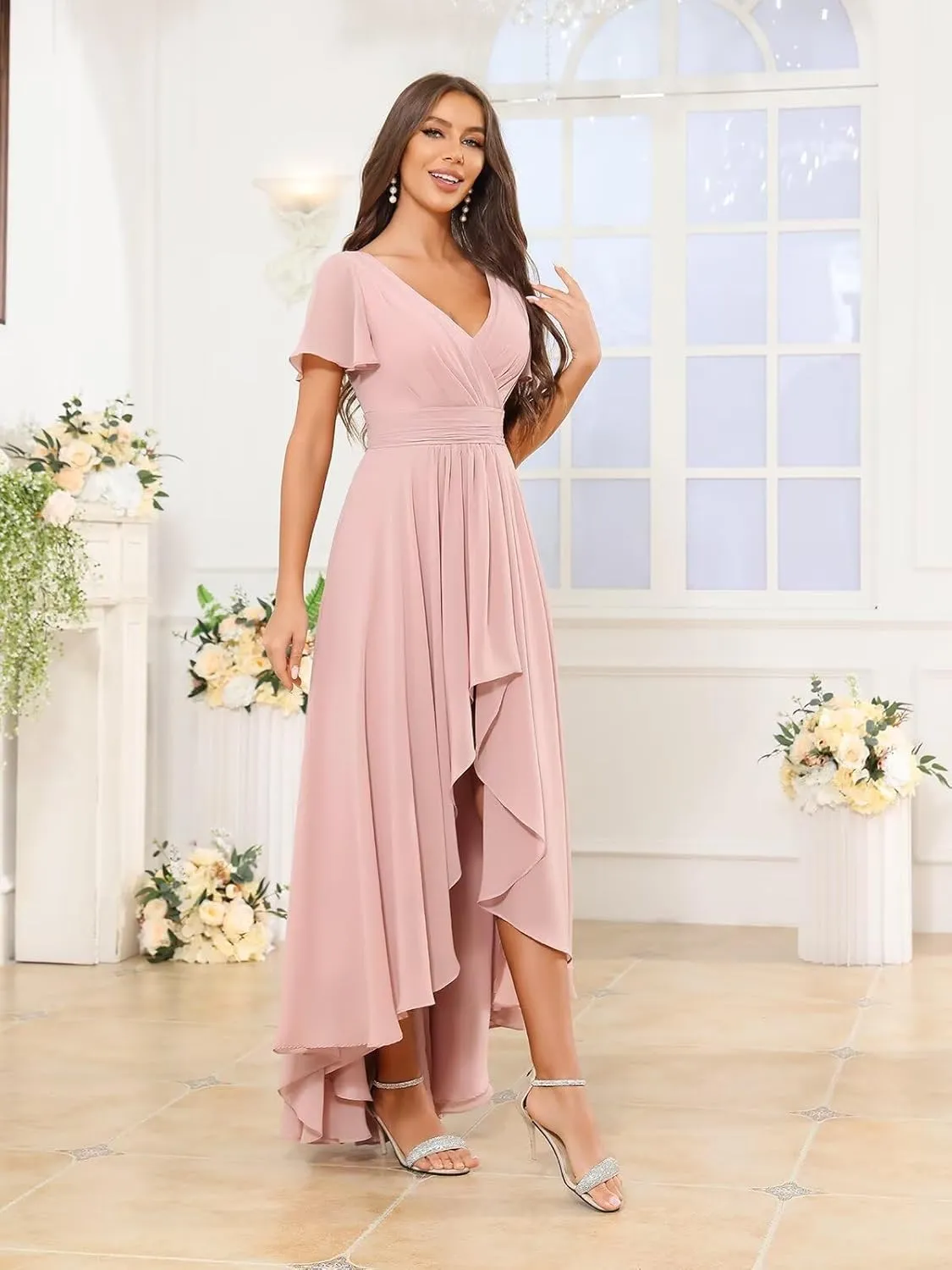 Chiffon Bridesmaid Dresses for Women Long V Neck Ruffle Ruched High Low Formal Evening Gown with Pockets