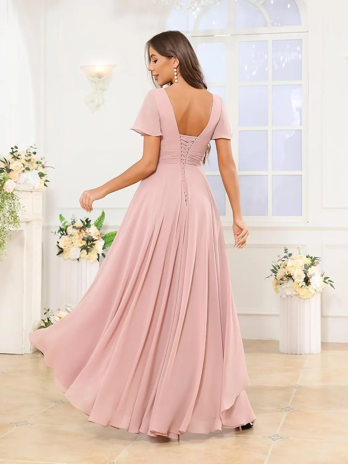 Chiffon Bridesmaid Dresses for Women Long V Neck Ruffle Ruched High Low Formal Evening Gown with Pockets