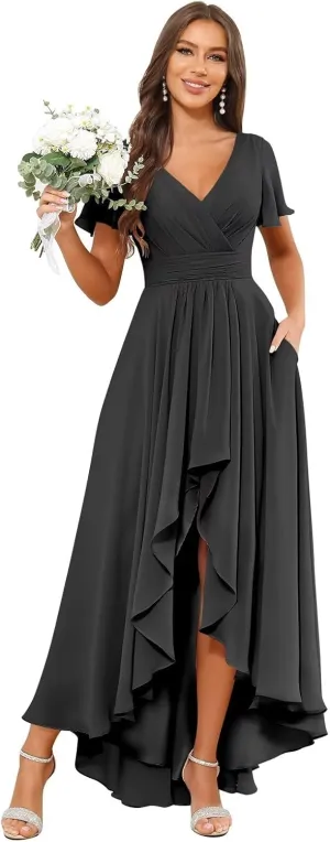 Chiffon Bridesmaid Dresses for Women Long V Neck Ruffle Ruched High Low Formal Evening Gown with Pockets