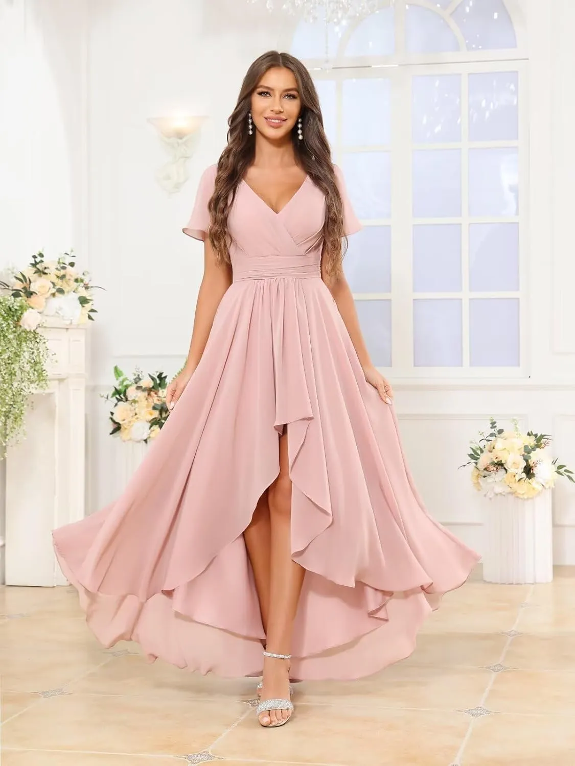 Chiffon Bridesmaid Dresses for Women Long V Neck Ruffle Ruched High Low Formal Evening Gown with Pockets