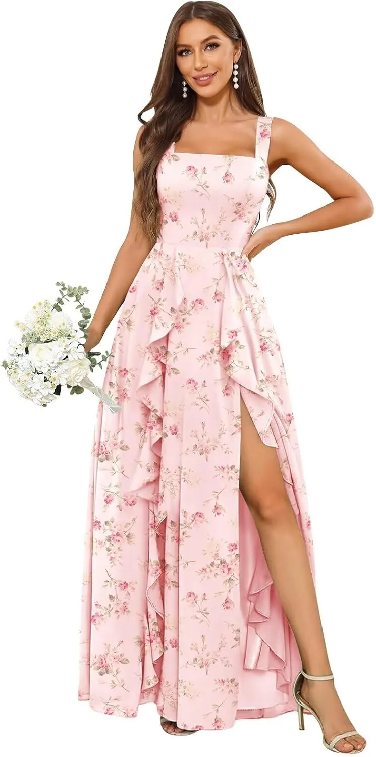 Chiffon Ruffle Bridesmaid Dresses for Women Square Neck Long Formal Evening Gown with Slit