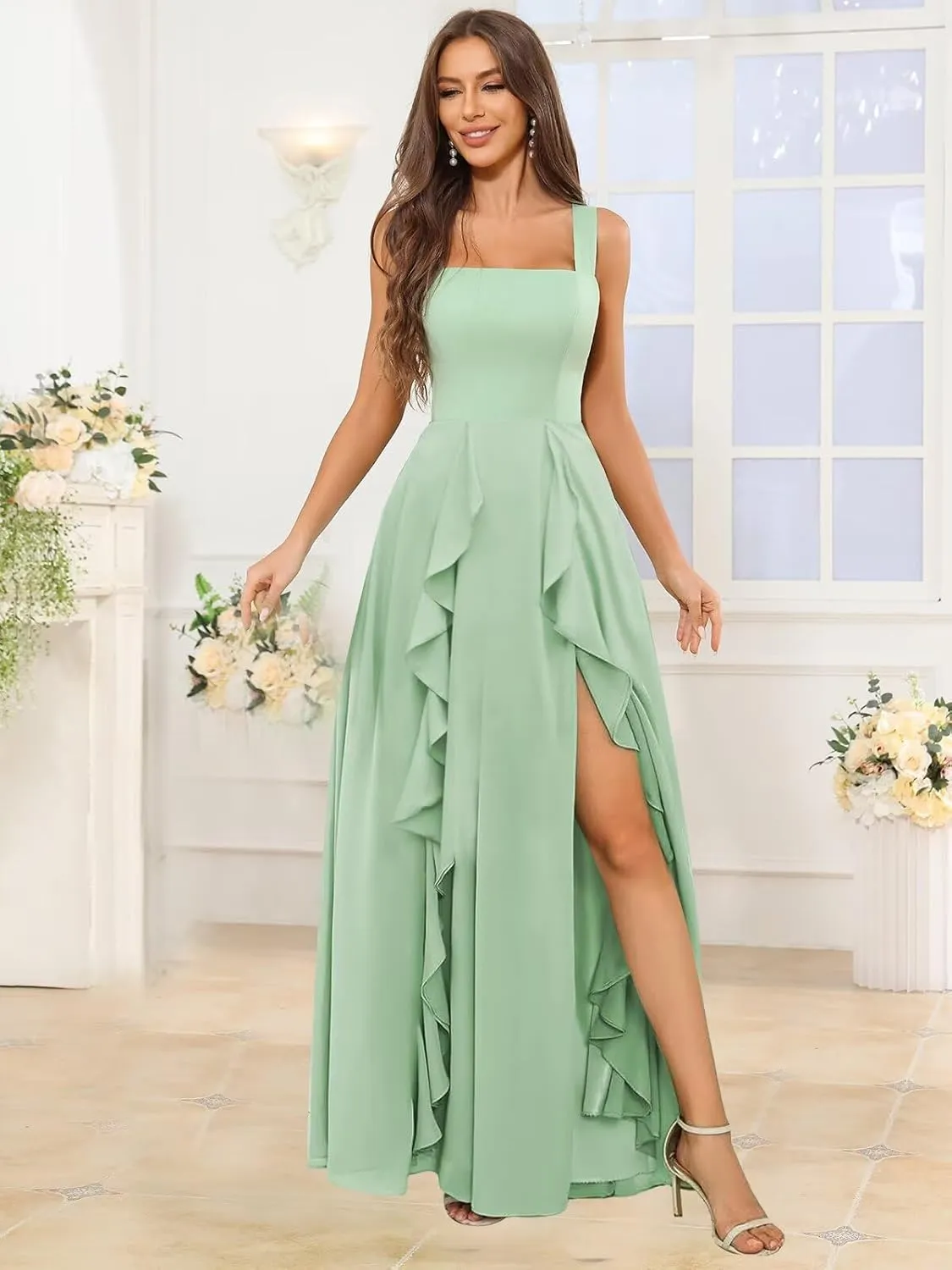 Chiffon Ruffle Bridesmaid Dresses for Women Square Neck Long Formal Evening Gown with Slit