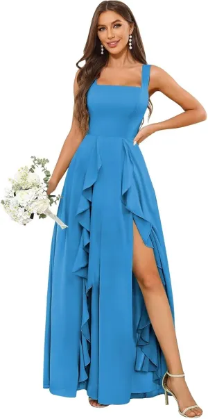 Chiffon Ruffle Bridesmaid Dresses for Women Square Neck Long Formal Evening Gown with Slit
