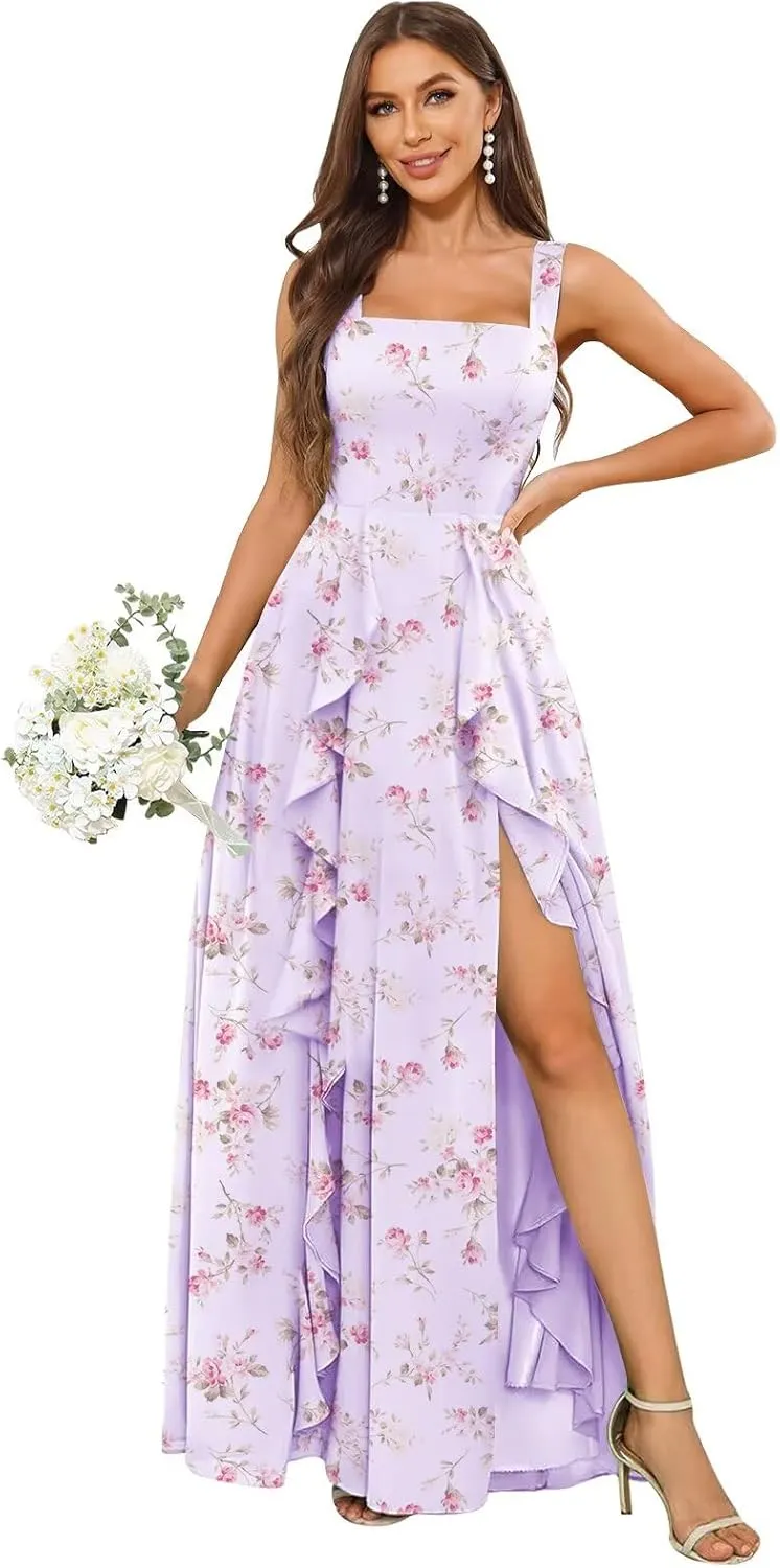 Chiffon Ruffle Bridesmaid Dresses for Women Square Neck Long Formal Evening Gown with Slit