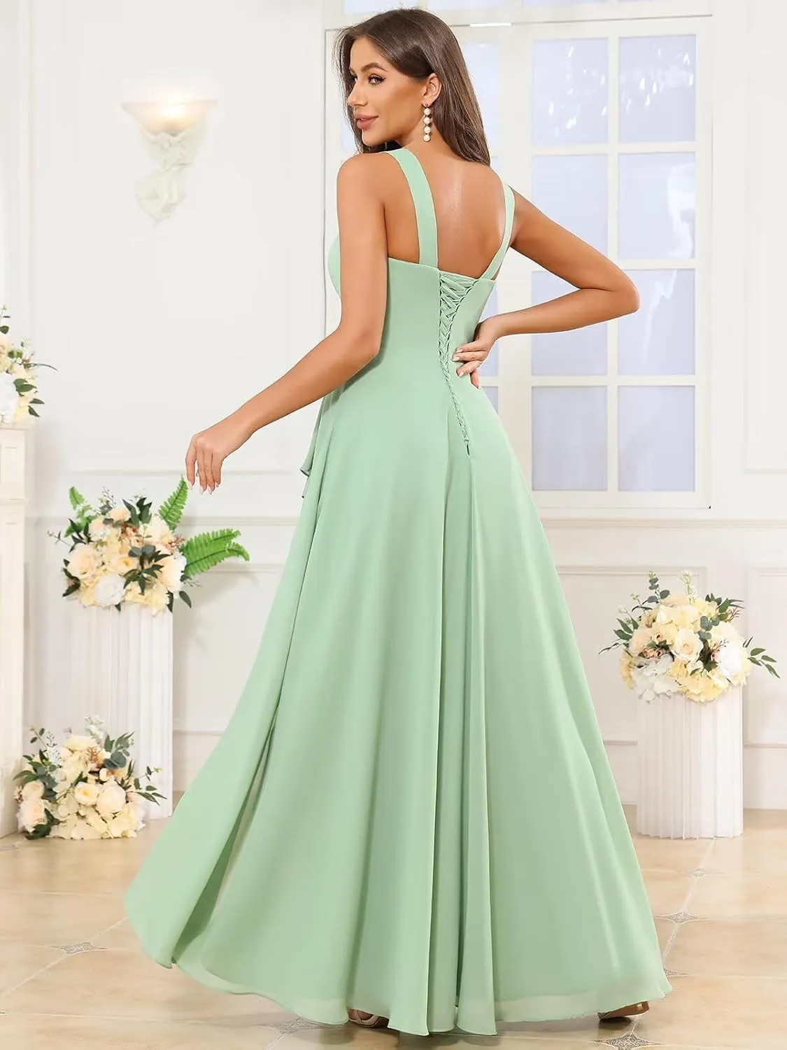Chiffon Ruffle Bridesmaid Dresses for Women Square Neck Long Formal Evening Gown with Slit