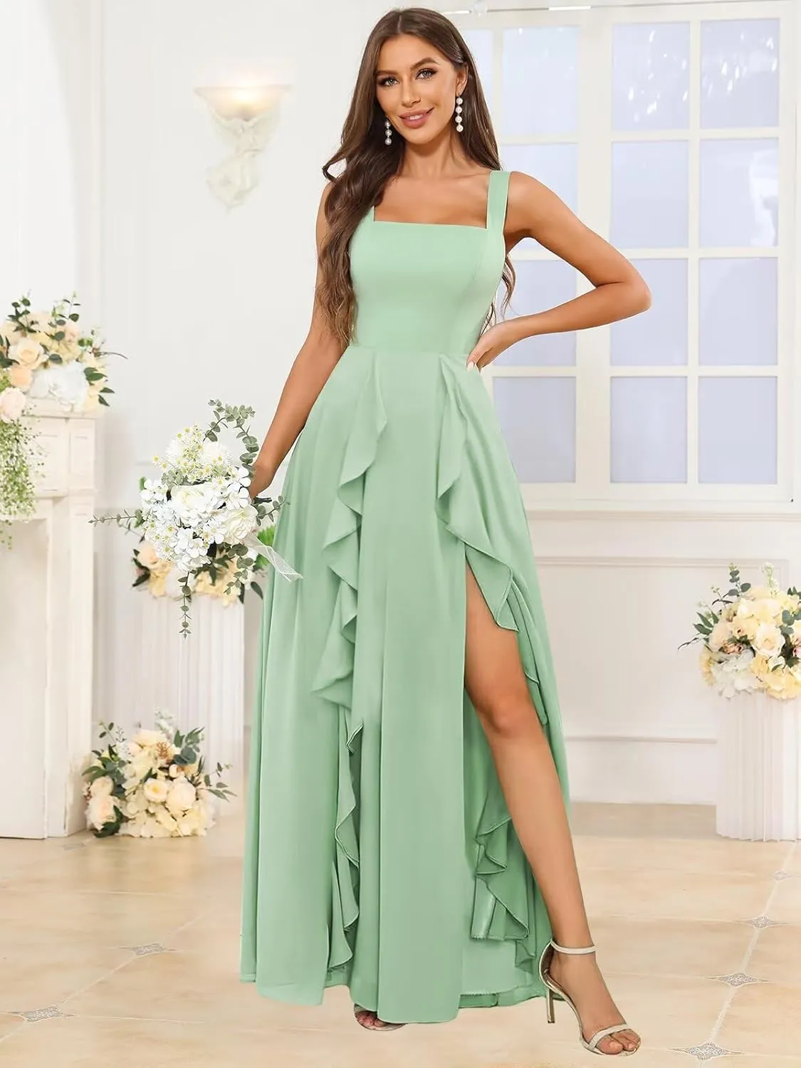 Chiffon Ruffle Bridesmaid Dresses for Women Square Neck Long Formal Evening Gown with Slit