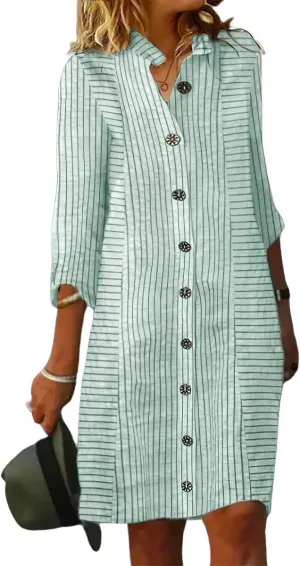 chouyatou Women's Loose Fit Striped Midi Shirt Dress Casual 3/4 Sleeve Button Down Long Tunic Dress