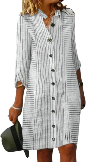 chouyatou Women's Loose Fit Striped Midi Shirt Dress Casual 3/4 Sleeve Button Down Long Tunic Dress