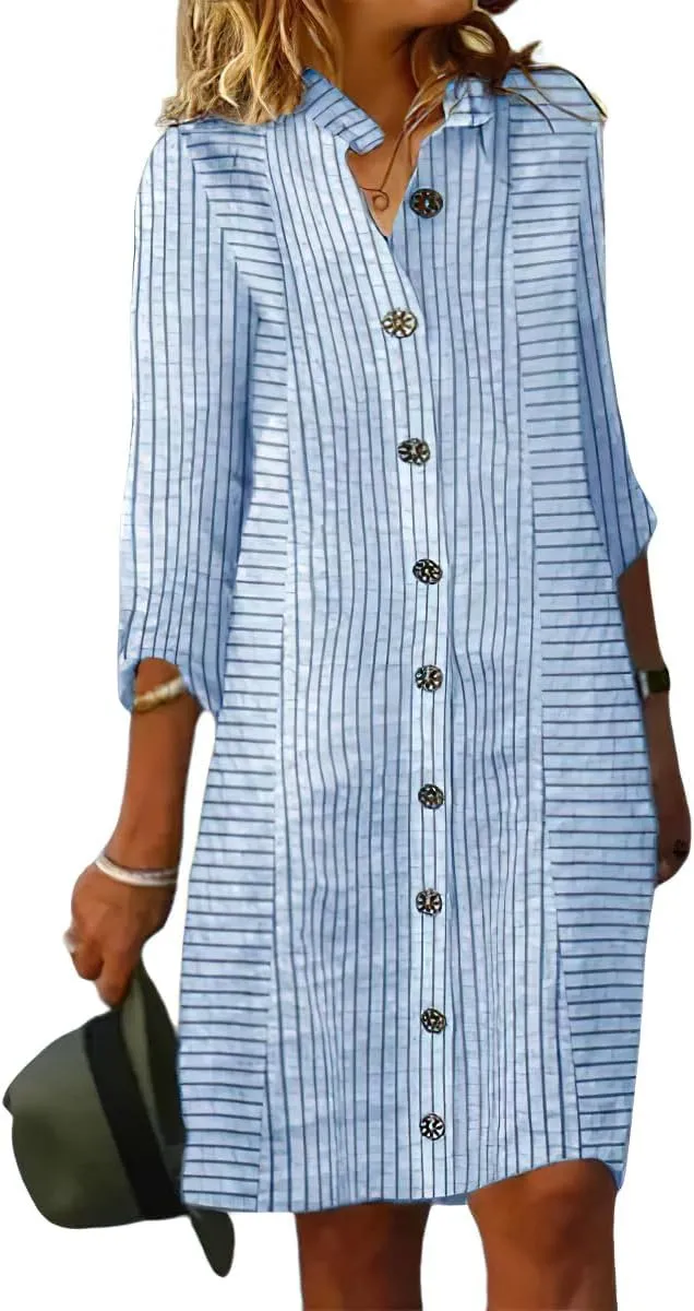 chouyatou Women's Loose Fit Striped Midi Shirt Dress Casual 3/4 Sleeve Button Down Long Tunic Dress