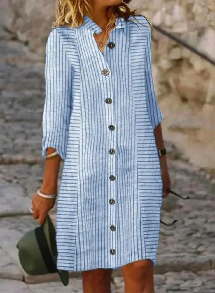 chouyatou Women's Loose Fit Striped Midi Shirt Dress Casual 3/4 Sleeve Button Down Long Tunic Dress