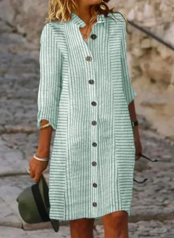 chouyatou Women's Loose Fit Striped Midi Shirt Dress Casual 3/4 Sleeve Button Down Long Tunic Dress