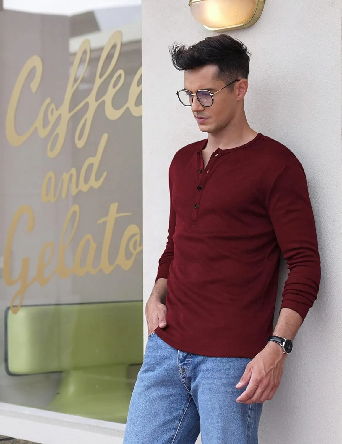 COOFANDY Men's 2Pack Slim Fit Henley Shirts Long Sleeve Lightweight Fashion Casual Cotton Basic T Shirts