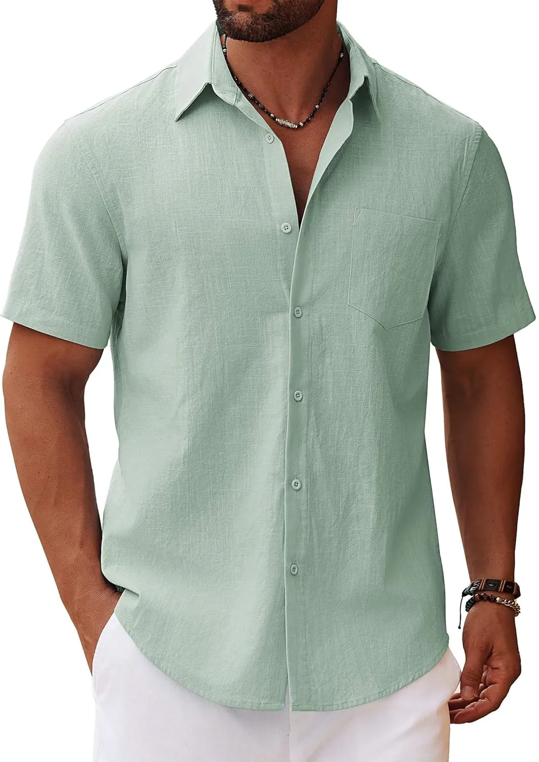 COOFANDY Men's Button Down Short Sleeve Shirt Casual Cotton Summer Beach Linen Wedding Shirts with Pocket