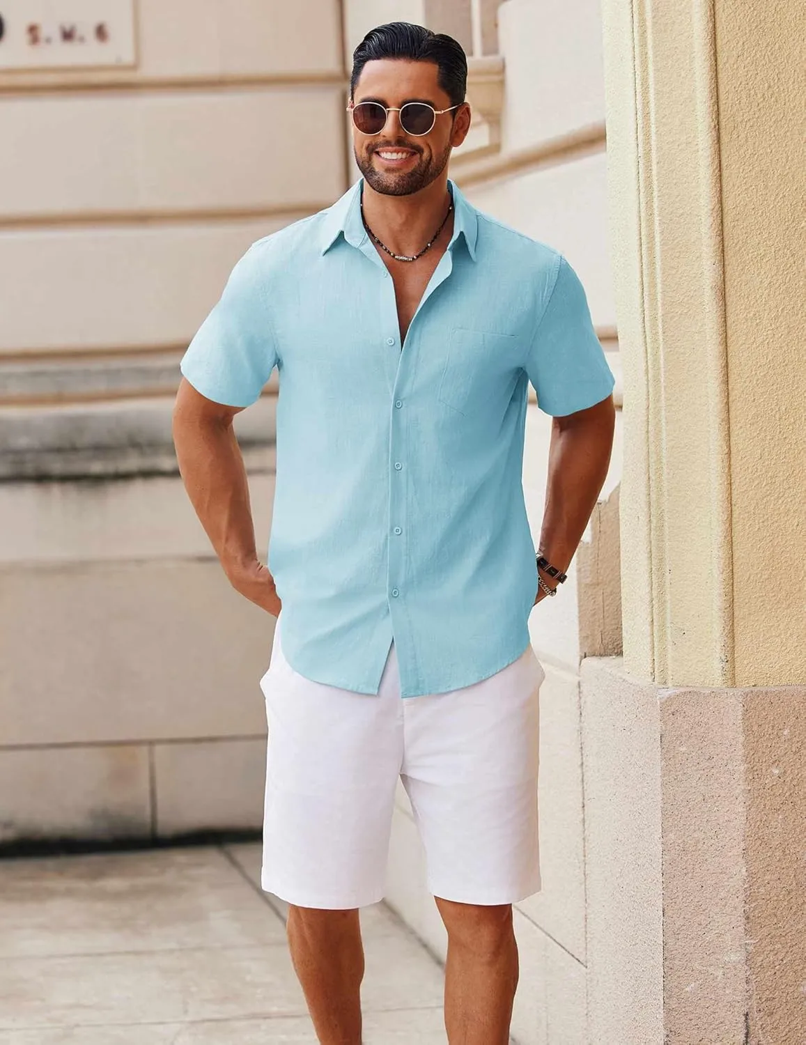 COOFANDY Men's Button Down Short Sleeve Shirt Casual Cotton Summer Beach Linen Wedding Shirts with Pocket