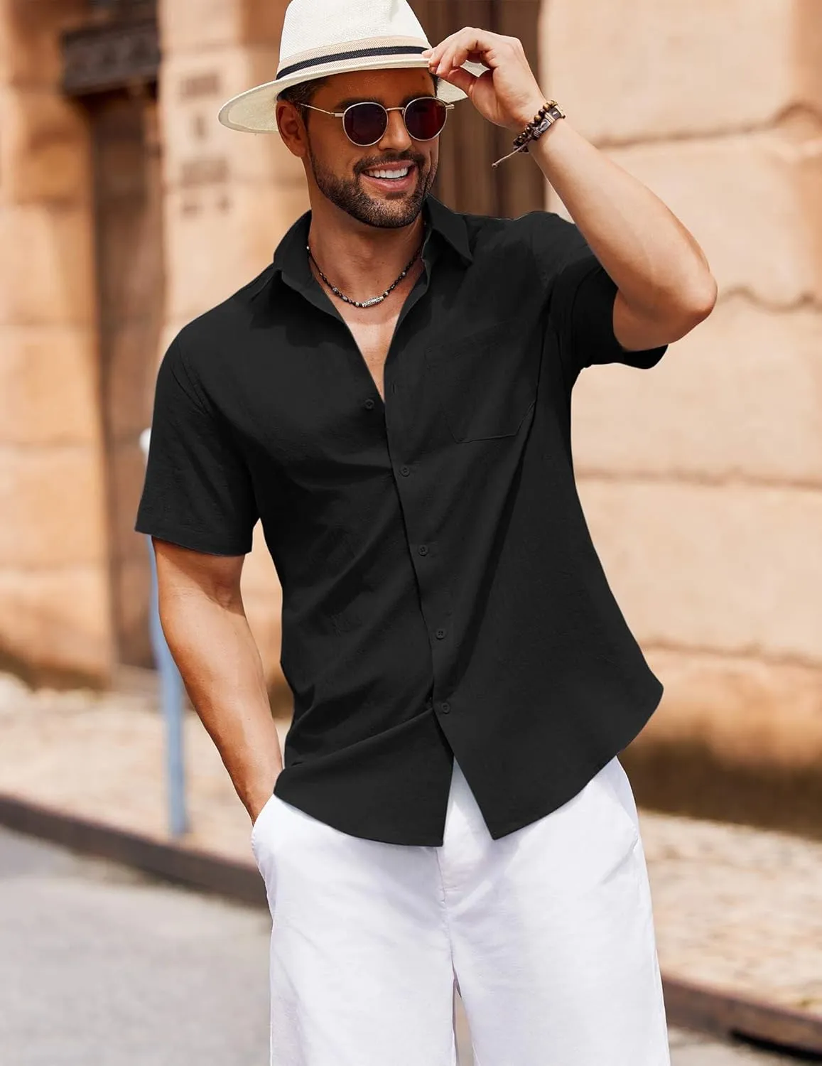 COOFANDY Men's Button Down Short Sleeve Shirt Casual Cotton Summer Beach Linen Wedding Shirts with Pocket