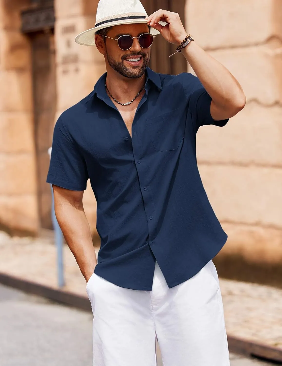 COOFANDY Men's Button Down Short Sleeve Shirt Casual Cotton Summer Beach Linen Wedding Shirts with Pocket