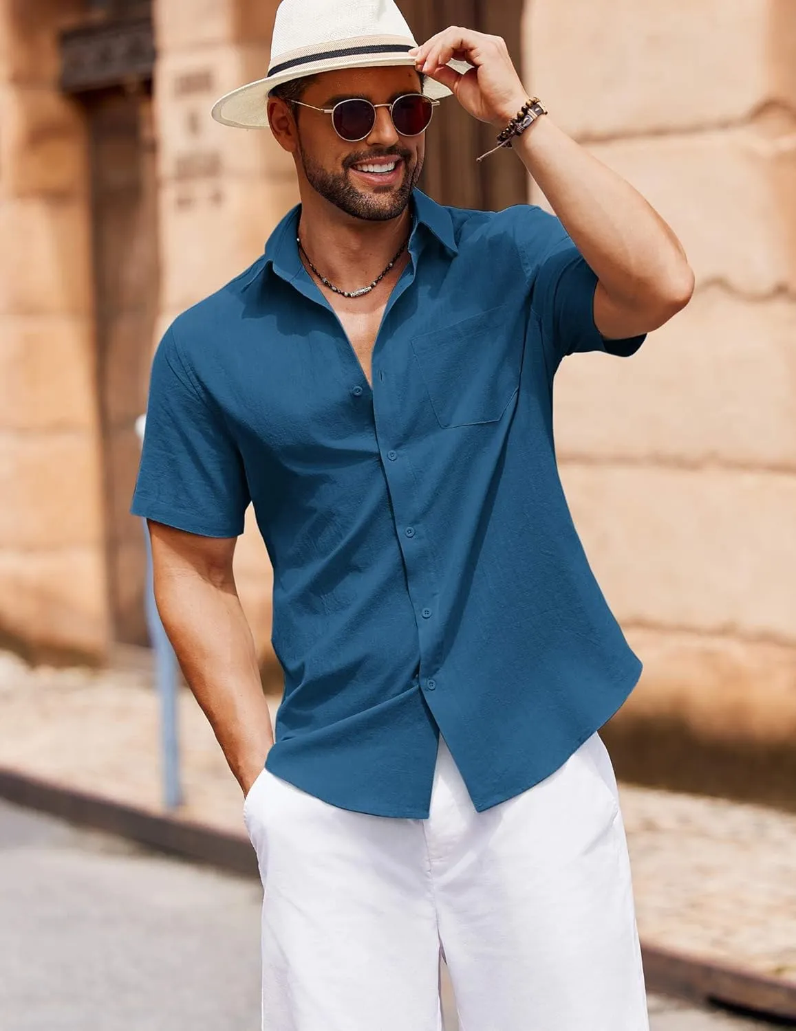 COOFANDY Men's Button Down Short Sleeve Shirt Casual Cotton Summer Beach Linen Wedding Shirts with Pocket