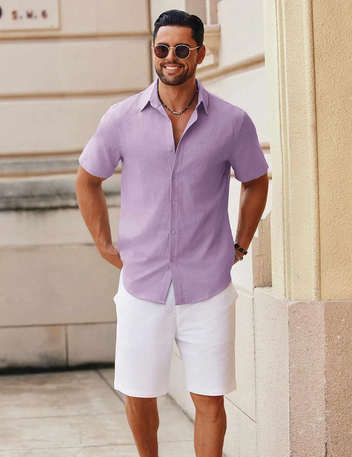 COOFANDY Men's Button Down Short Sleeve Shirt Casual Cotton Summer Beach Linen Wedding Shirts with Pocket