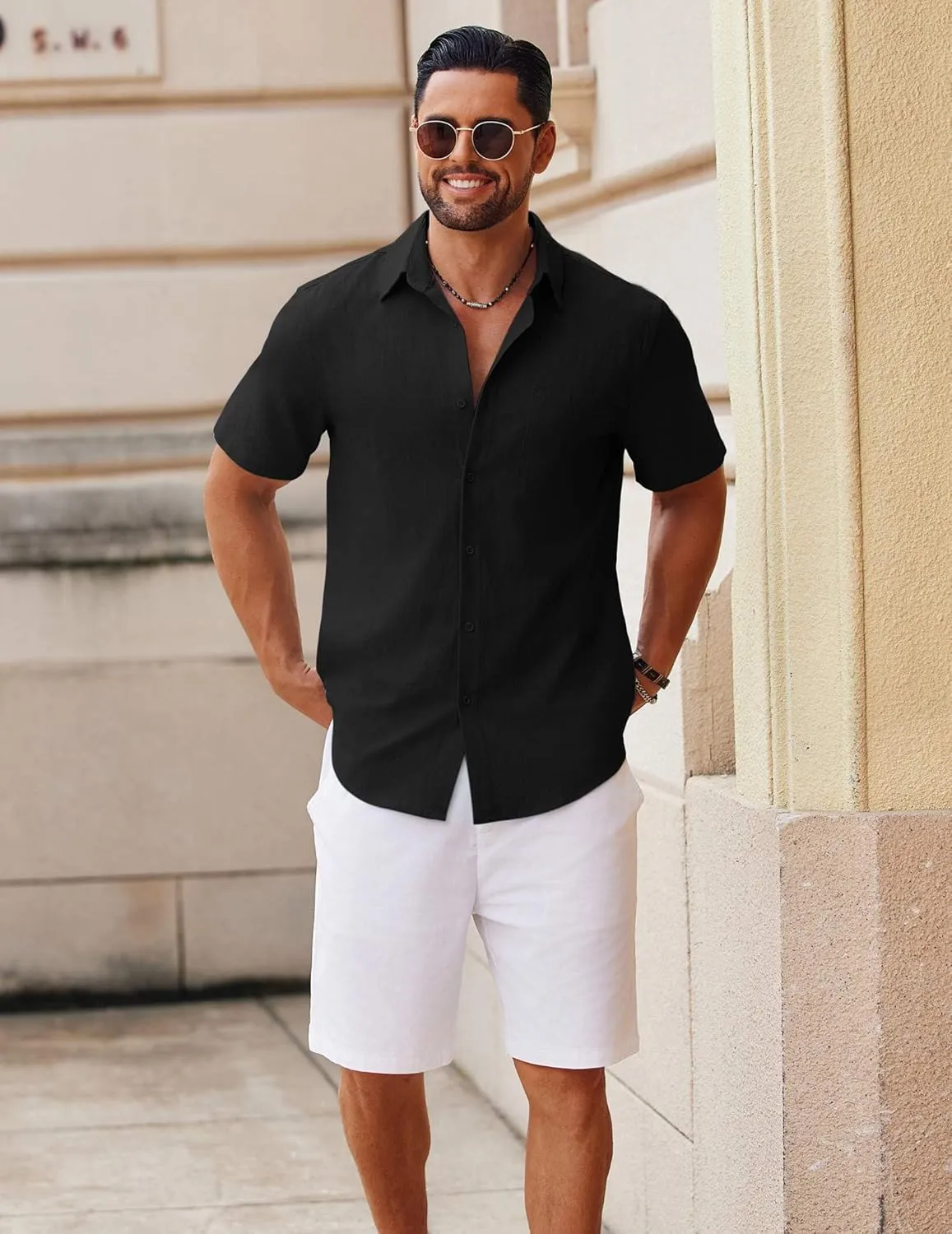COOFANDY Men's Button Down Short Sleeve Shirt Casual Cotton Summer Beach Linen Wedding Shirts with Pocket